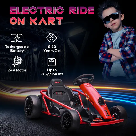 Buy 24V Electric Go Kart for Kids, Drift Ride-On Racing Go Kart with 2 Speeds, for Boys Girls Aged 8-12 Years Old, Red, 4 image