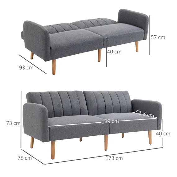 Buy 3 Seater Sofa Bed, Convertible Linen Fabric Sofa Couch, Click Clack Sofabed with Adjustable Split Backrest for Living Room, Bedroom, Guest Room, Grey, 3 image