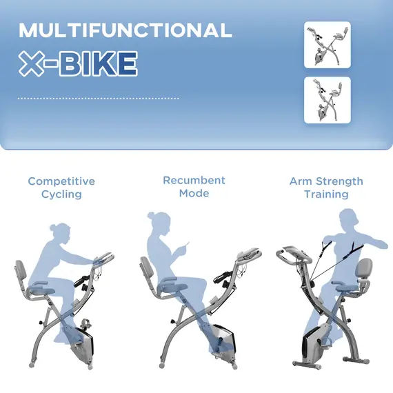 Buy 2-in-1 Folding Exercise Bike with 8-Level Magnetic Resistance, Arm Resistance Band, Pulse Sensor, Grey, 7 image