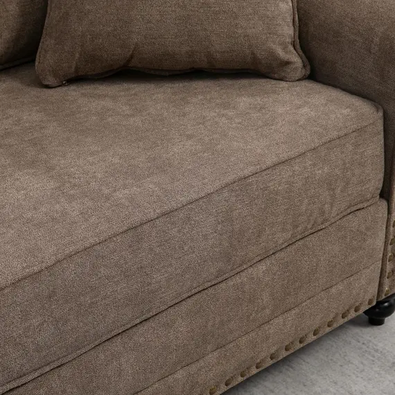 Buy 3 Seater Sofas for Living Room, Fabric Sofa with Nailhead Trim, Cushions and Pillows, Brown, 7 image