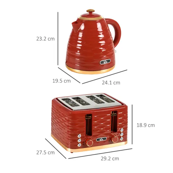 Buy 3000W 1.7L Rapid Boil Kettle & 4 Slice Toaster, Kettle and Toaster Set with 7 Browning Controls and Crumb Tray, Red, 3 image