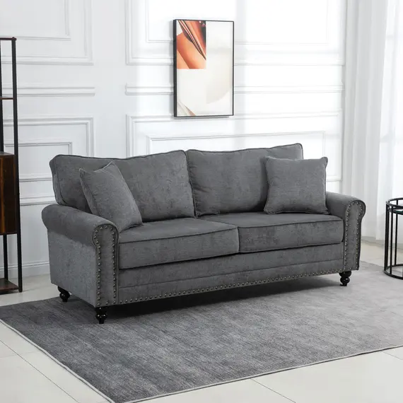 Buy 3 Seater Sofas for Living Room, Fabric Sofa with Felt Mats, Cushions and Pillows, Grey, 2 image