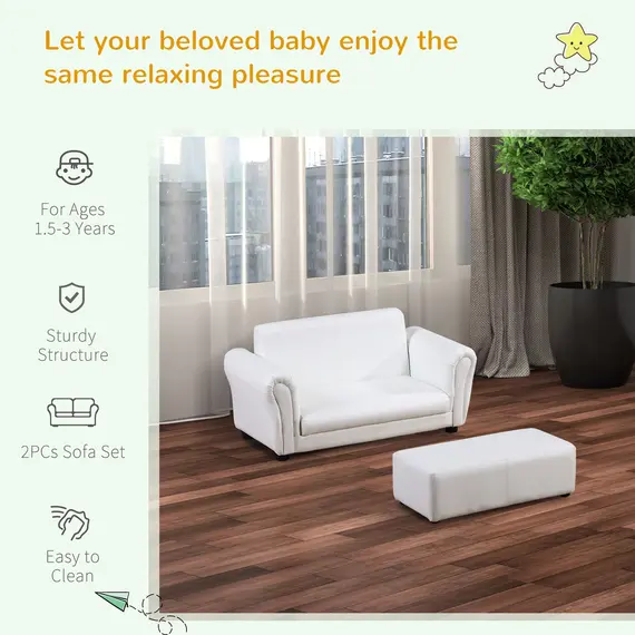 Buy 2 Seater Toddler Chair Kids Twin Sofa Childrens Double Seat Chair Furniture Armchair Boys Girls Couch w/ Footstool (White), 5 image