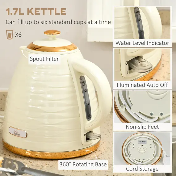Buy 3000W 1.7L Rapid Boil Kettle & 4 Slice Toaster, Kettle and Toaster Set with 7 Browning Controls and Crumb Tray, Beige, 4 image
