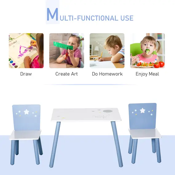 Buy 3 Pcs Kids Table & Chairs Set w/ Wood Legs Safe Corners Cute Stars Seating Mini Furniture Home Playroom Bedroom Dining Room Blue, 4 image