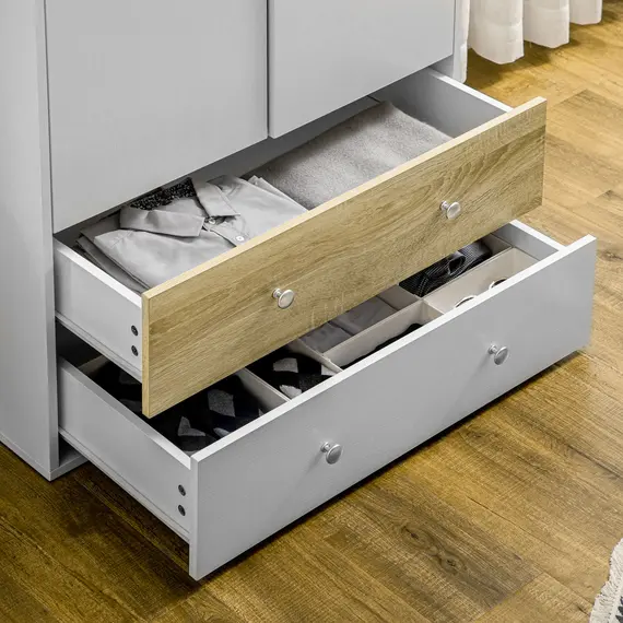 Buy 2-Door Wardrobe with 2 Drawers, Hanging Rod and Anti-tipping Straps for Bedroom Clothes Storage Organisation, White, 9 image