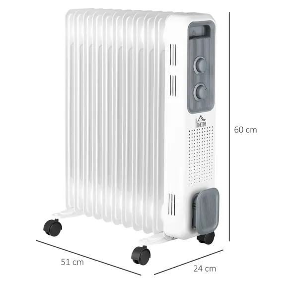 Buy 2500W Oil Filled Radiator, 11 Fin, Portable Electric Heater with 3 Heat Settings, Safety Cut-Off and Wheels, White, 3 image