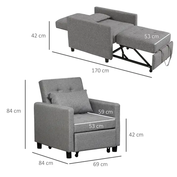 Buy 3-In-1 Chair Bed, Convertible Sleeper Chair with Adjustable Backrest, Pillow and Footrest for Living Room, Grey, 3 image