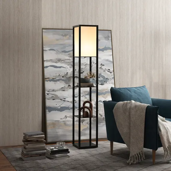Buy 3-Tier Floor Lamp, Floor Light with Storage Shelf, Reading Standing Lamp for Living Room, Bedroom, Kitchen, Dining Room, Office, Dorm, 160cm, Black, 2 image