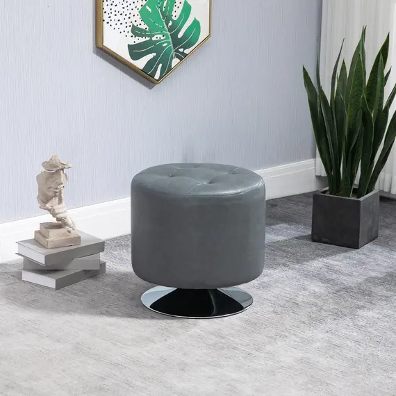 Buy 360° Swivel Foot Stool Round PU Ottoman with Thick Sponge Padding and Solid Steel Base, Grey, 2 image