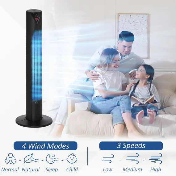 Buy 38" Oscillating Tower Fan with Remote Control, 3 Speed 4 Modes, LCD panel, 12-Hour Timer, Slim Cooling Fan for Home Bedroom Office, Black, 4 image