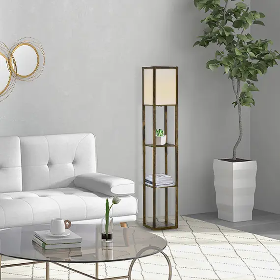 Buy 3-Tier Floor Lamp, Floor Light with Storage Shelf, Reading Standing Lamp with Acrylic Shade for Living Room, Bedroom, Kitchen, Dining Room, Office, Dorm, 160cm, Brown, 9 image