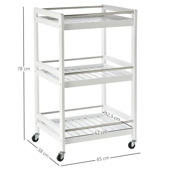Buy 3-Tier Home Trolley Kitchen Storage Cart w/ Steel Bars 4 Universal Wheels Rolling Unit Organiser Living Room White, 3 image