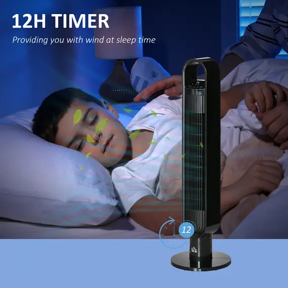 Buy 39" Anion Freestanding Tower Fan Cooling for Bedroom with Oscillating, 3 Speeds, 3 Modes, 12h Timer, LED Sensor Panel, Remote Controller, 60W, Black, 6 image