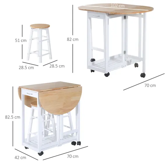 Buy 3PC Wooden Kitchen Cart Mobile Rolling Trolley Folding Bar Table Two Stools Dining Chair Storage Shelf w/2 Drawers & 6 Wheels, 3 image