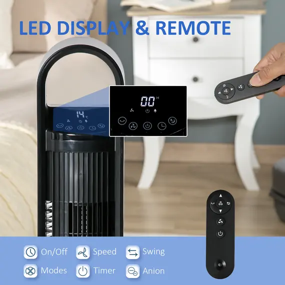 Buy 39" Anion Freestanding Tower Fan Cooling for Bedroom with Oscillating, 3 Speeds, 3 Modes, 12h Timer, LED Sensor Panel, Remote Controller, 60W, Black, 7 image