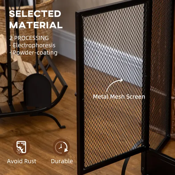 Buy 3-Panel Folding Fireplace Screen with Door, Freestanding Spark Guard, Metal Mesh Fireguard, Black, 7 image