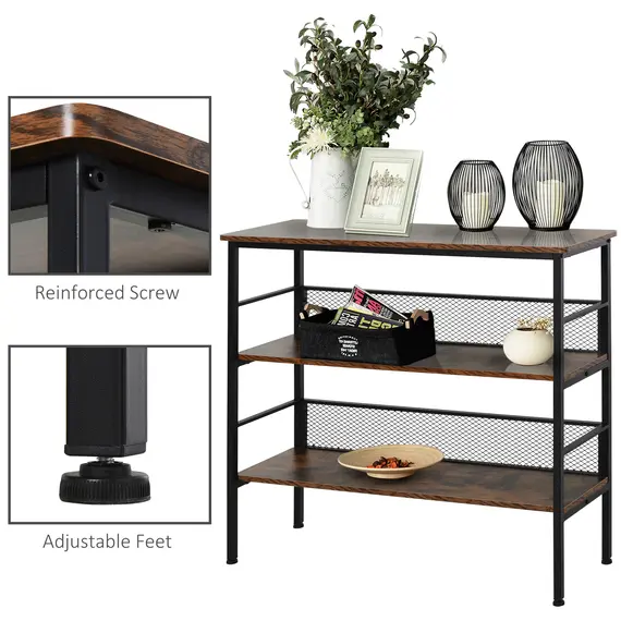 Buy 3-Tier Storage Display Shelf, Industrial Bookshelf with Adjustable Feet, Metal Frame Shelving Unit for Study, Living Room, Kitchen, Rustic Brown and Black, 6 image