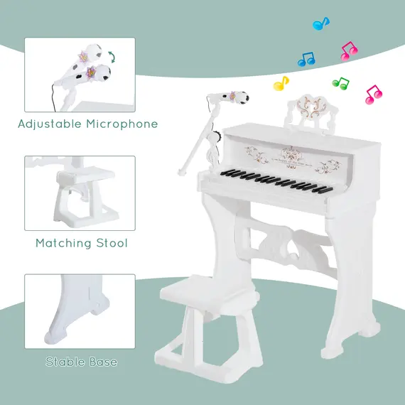 Buy 37 Keys Kids Piano Mini Electronic Keyboard Light Kids Musical Instrument Educational Game Children Grand Piano Toy Set w/Stool & Microphone & Music Stand (White), 6 image