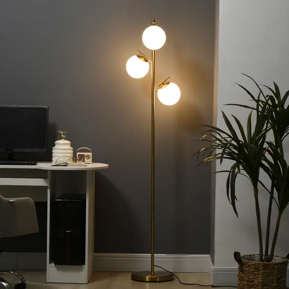 Buy 3-Light Tree Floor Lamps for Living Room, Modern Standing Lamp for Bedroom with Globe Lampshade, Steel Base, Bulb not Included, Gold Tone, 2 image