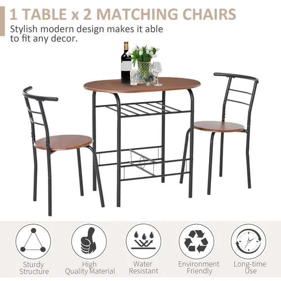 Buy 3-Piece Dining Table Set , Metal Frame Wood Top Breakfast Bar Table Set for 2, Dining Table w/Storage Shelf & 2 chairs, 4 image
