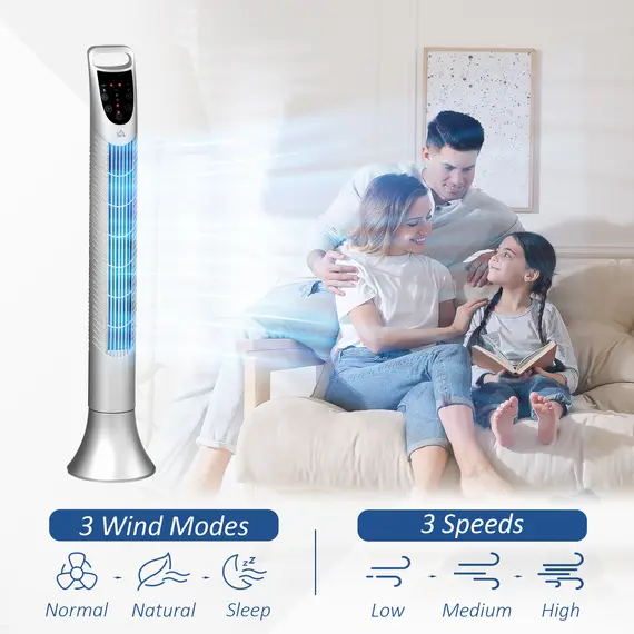 Buy 36'' Freestanding Tower Fan, 3 Speed 3 Mode, 7.5h Timer, 70 Degree Oscillation, LED Panel, 5M Remote Controller, Silver, 5 image