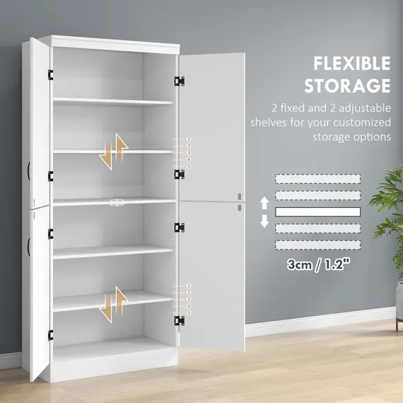 Buy 4-Door Tall Kitchen Cupboard, Freestanding 6-Tier Storage Cabinet with 2 Adjustable Shelves for Living Room, Dining Room, White, 5 image