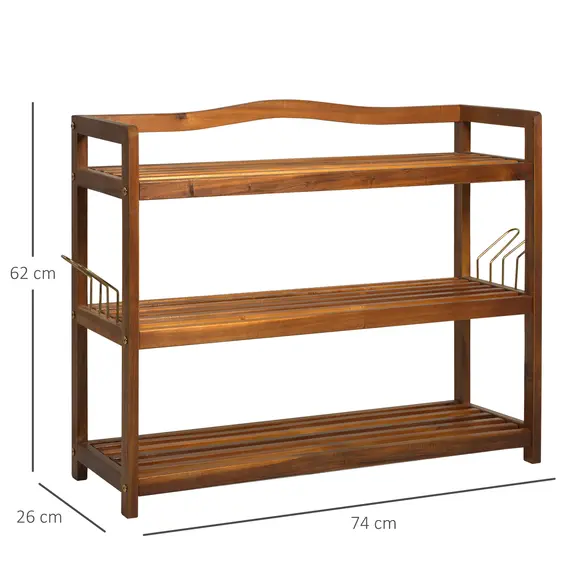 Buy 3-Tier Shoe Rack, Acacia Wooden Shoe Storage Organiser with 2 Hangers, Holds up to 12 Pairs, for Entryway, Living Room, 74 x 26 x 62 cm, Teak, 3 image