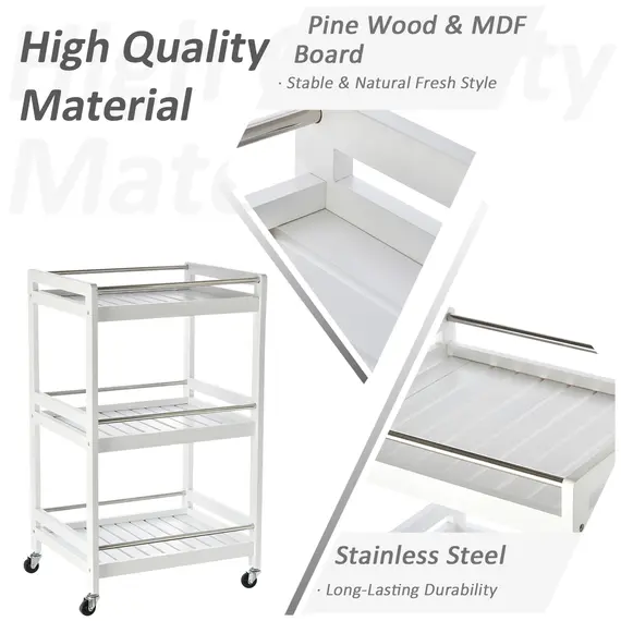 Buy 3-Tier Home Trolley Kitchen Storage Cart w/ Steel Bars 4 Universal Wheels Rolling Unit Organiser Living Room White, 4 image