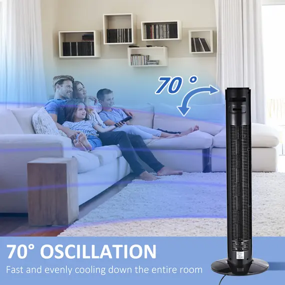 Buy 38'' Freestanding Tower Fan, 3 Speed 3 Mode, 12h Timer, 70 Degree Oscillation, LED Panel, 5M Remote Controller, Black, 4 image