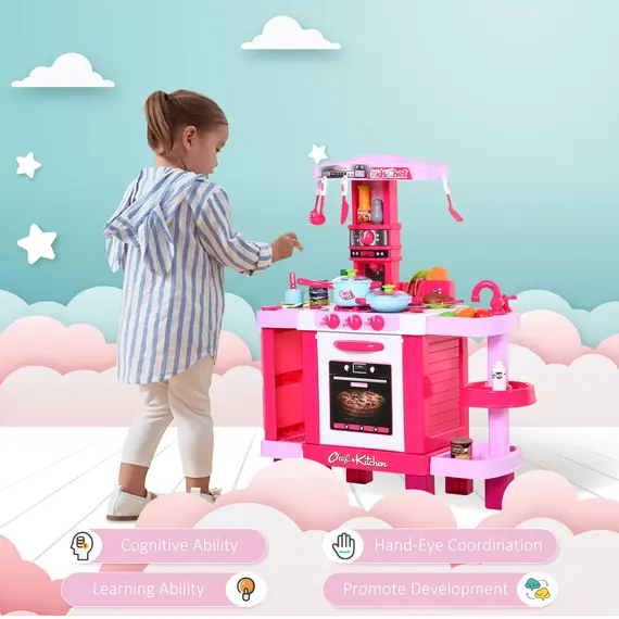 Buy 38 Pcs Kids Children Kitchen Play Set w/ Realistic Sounds Lights Food Utensils Pots Pans Appliances Toy Game Pink, 6 image
