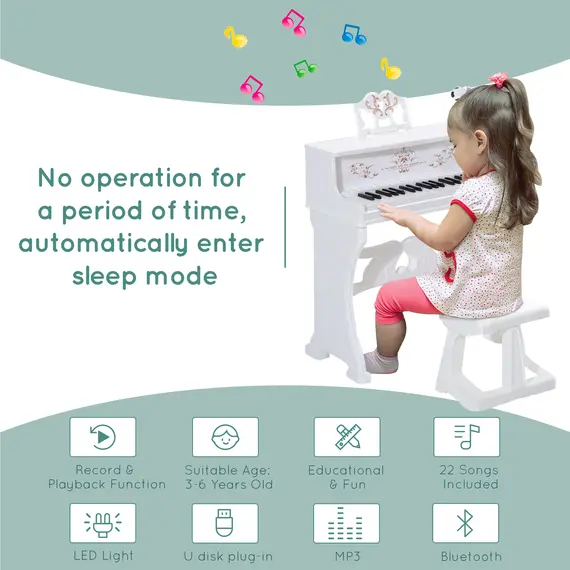 Buy 37 Keys Kids Piano Mini Electronic Keyboard Light Kids Musical Instrument Educational Game Children Grand Piano Toy Set w/Stool & Microphone & Music Stand (White), 5 image