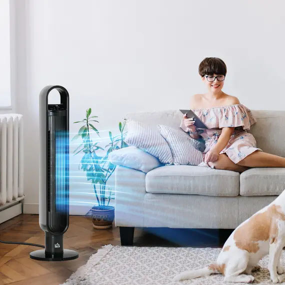 Buy 39" Anion Freestanding Tower Fan Cooling for Bedroom with Oscillating, 3 Speeds, 3 Modes, 12h Timer, LED Sensor Panel, Remote Controller, 60W, Black, 2 image