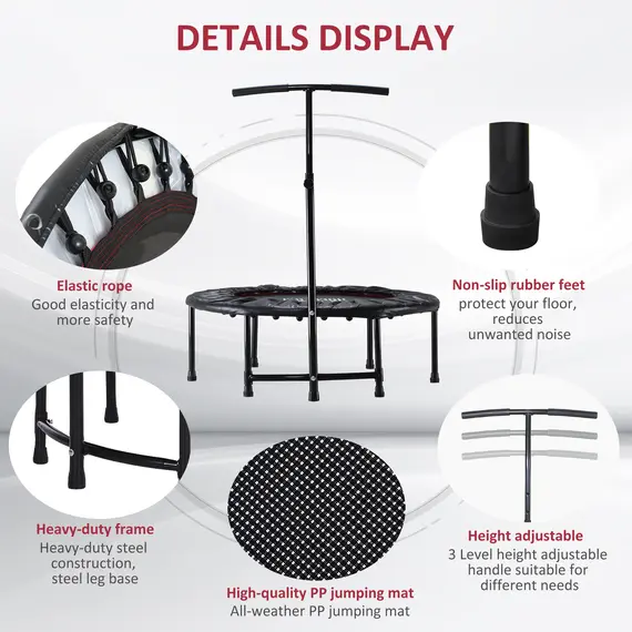 Buy 40'' Fitness Trampoline with Adjustable Handle, Rebounder Trampoline Mini Jumper for Indoor Exercise Workout, Support Up to 100kg, Black, 6 image