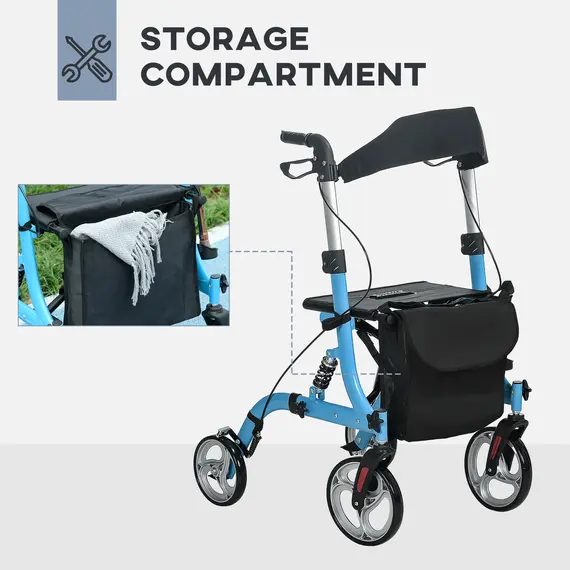 Buy 4 Wheel Rollator with Seat and Back, Lightweight Folding Mobility Walker with Large Wheels, Carry Bag, Adjustable Height, Aluminium Walking Frame with Dual Brakes for Seniors, Blue, 7 image