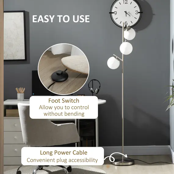 Buy 3-Light Tree Floor Lamps for Living Room, Modern Standing Lamp for Bedroom with Globe Lampshade, Steel Base, Bulb not Included, Silver, 5 image