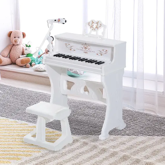 Buy 37 Keys Kids Piano Mini Electronic Keyboard Light Kids Musical Instrument Educational Game Children Grand Piano Toy Set w/Stool & Microphone & Music Stand (White), 2 image