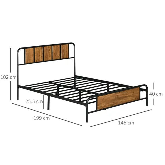 Buy 4.8ft Double Bed Frame with Industrial Wood Headboard, Steel Slat Support and 25.5cm Underbed Storage Space, 145 x 199cm, Rustic Brown, 3 image