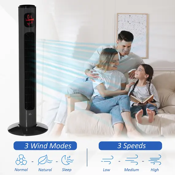 Buy 38'' Freestanding Tower Fan, 3 Speed 3 Mode, 12h Timer, 70 Degree Oscillation, LED Panel, 5M Remote Controller, Dark Grey, 5 image
