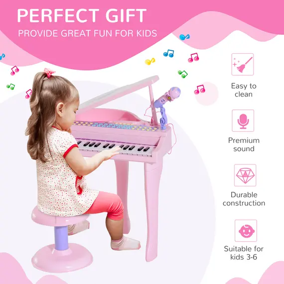 Buy 37 Keys Kids Mini Electronic Keyboard Children Grand Piano with Stool Microphone Light Musical Instrument Educational Game Toy Set (Pink), 4 image