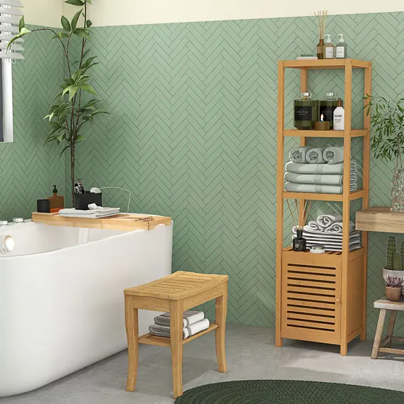 Buy 45cm 2-Tier Slatted Shower Bench Storage Seat w/ 4 Legs Comfortable Safe Bathroom Stool Spa Bath Organiser, 9 image