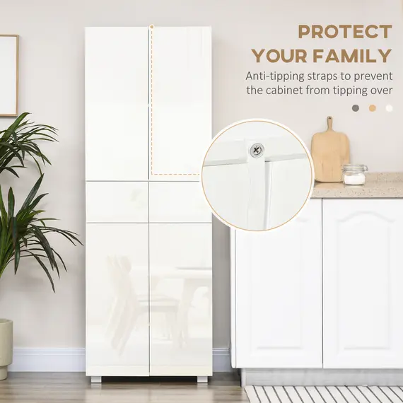 Buy 4-Door Kitchen Cupboard, Freestanding 5-Tier Storage Cabinet with 3 Adjustable Shelves, 2 Drawers for Living Room, Dining Room, Push to Open Design, High Gloss White, 7 image