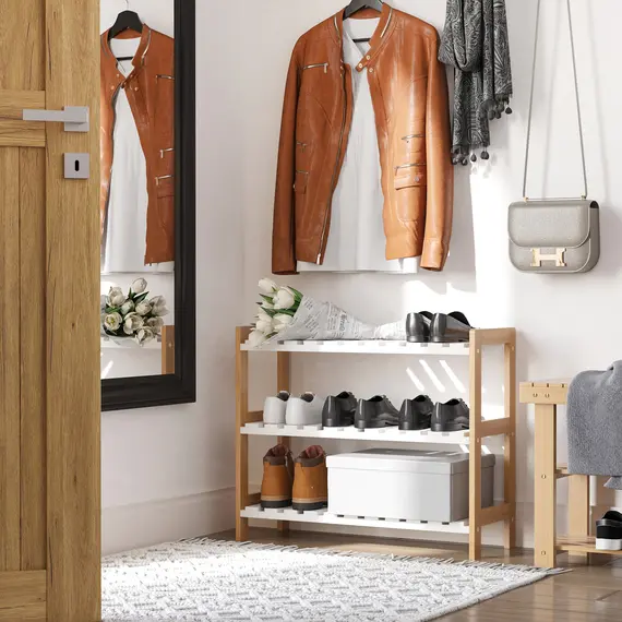 Buy 3-Tier Shoe Rack Wood Frame Slatted Shelves Spacious Open Hygienic Storage Home Hallway Furniture Family Guests 70L x 26W x 57.5H cm - Natural, 2 image
