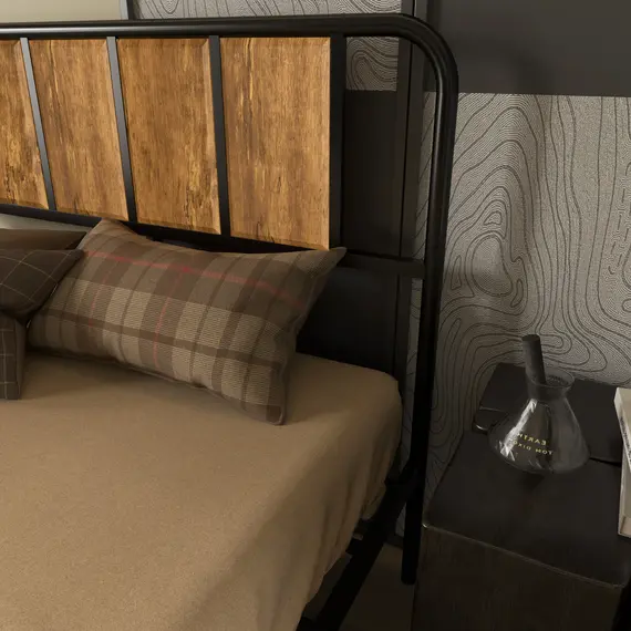 Buy 4.8ft Double Bed Frame with Industrial Wood Headboard, Steel Slat Support and 25.5cm Underbed Storage Space, 145 x 199cm, Rustic Brown, 9 image