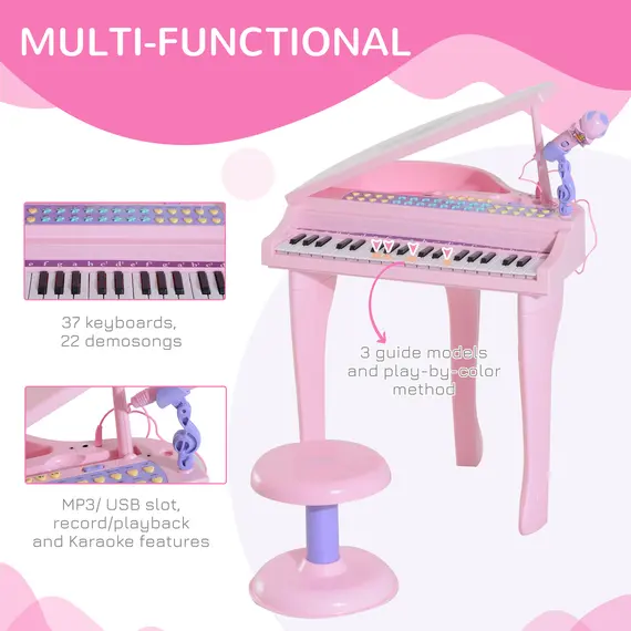 Buy 37 Keys Kids Mini Electronic Keyboard Children Grand Piano with Stool Microphone Light Musical Instrument Educational Game Toy Set (Pink), 5 image