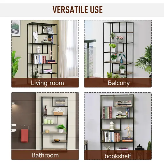 Buy 6 Tier Bookcase, Industrial Tall Shelf Unit with Steel Frame for Home Office, Study, Living Room, Hallway, 82 x 33.5 x 175 cm, Rustic Brown and Black, 6 image