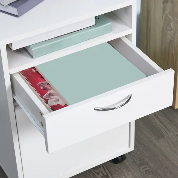 Buy 60cm Filing Cabinet with Drawer, Open Shelf, Metal Handles and 4 Wheels, Office Home Organiser Mobile Printer, White, 8 image