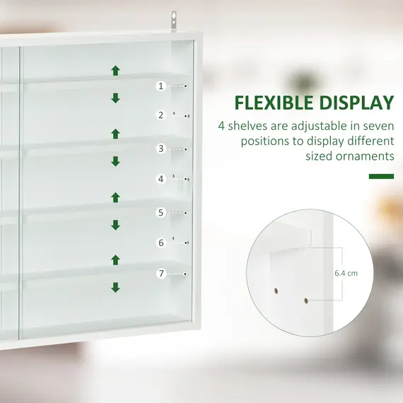 Buy 5-Tier Wall Display Shelf Unit Cabinet w/ 4 Adjustable Shelves Glass Doors Home Office Ornaments 60x80cm White, 4 image
