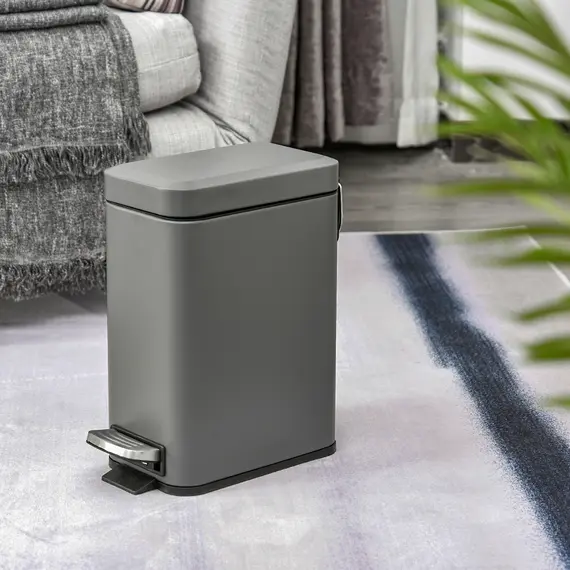 Buy 5L Rectangular Compact Bin Steel Body Removable Bucket Quiet-Close Lid w/ Pedal Lid Rubbish Trash Can Home Office Bedroom Bathroom Living Room Garbage Tidy Clean Grey, 2 image