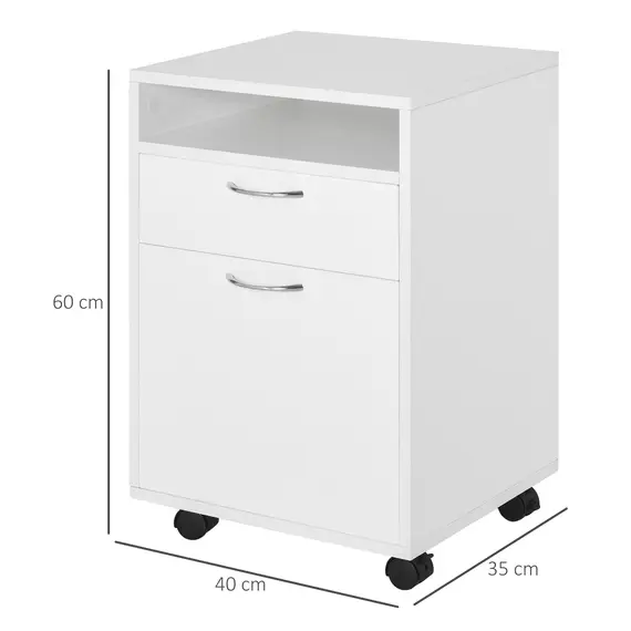 Buy 60cm Filing Cabinet with Drawer, Open Shelf, Metal Handles and 4 Wheels, Office Home Organiser Mobile Printer, White, 3 image